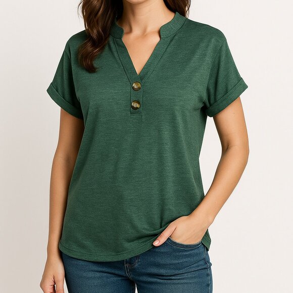 NWOT | Forest Green V-Neck Henley Roll Tab Short Sleeve Top | Small - Picture 6 of 6